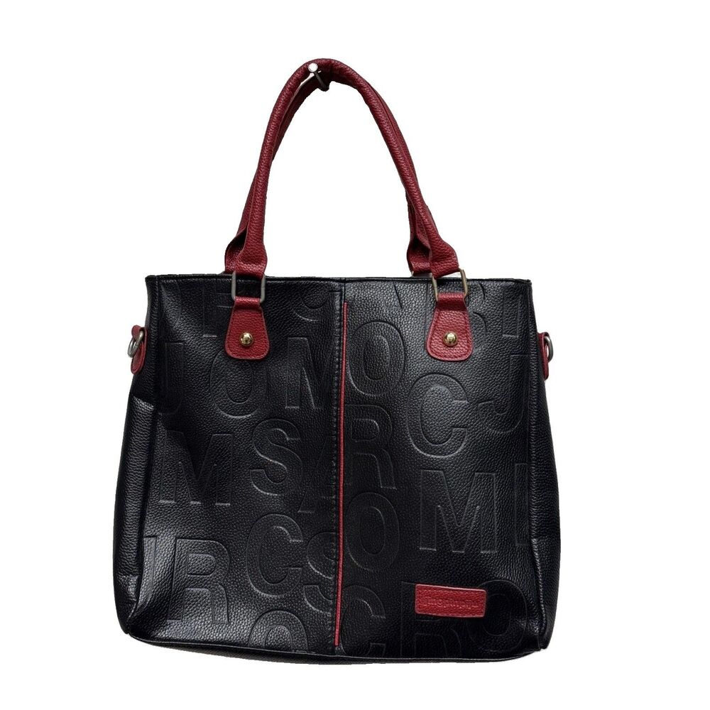 Jingpinpiju Women Purse Embossed Letters Satchel Black Red Double Strap Lined